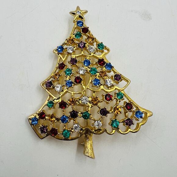 EISENBERG ICE Rhinestone Christmas Tree Brooch Pin Gold Tone Vintage Holiday - Picture 1 of 6